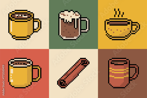 Hot drink pixel icons, coffee mugs beer foam cup, cinnamon stick, warm beverage collection, vintage palette tiles, vector
