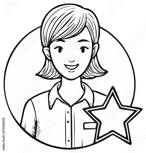 Cartoon woman smiling with a star icon vector line art for best rating and customer satisfaction