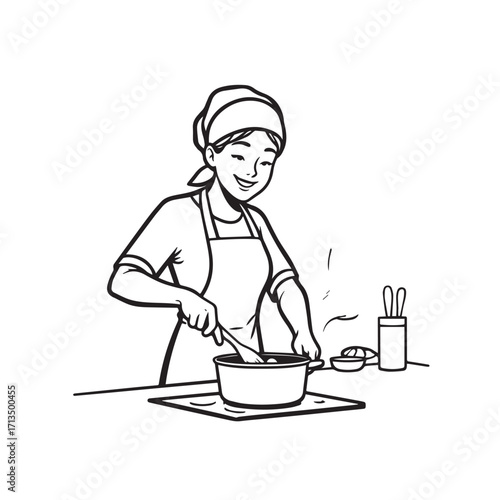 Black and White Vector Illustration of a Smiling Woman Cooking in Kitchen with Apron and Headband