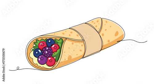 Delicious breakfast burrito filled with fresh berries and greens.