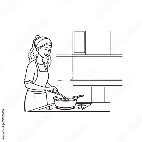 Black and White Vector Illustration of a Smiling Woman Cooking in Kitchen with Apron and Headband