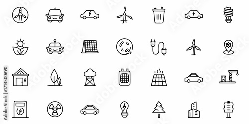 Collection of  Discover sustainable living icons featuring electric cars, wind turbines, solar panels, and green energy solutions.