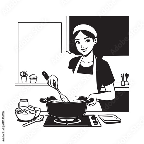 Black and White Vector Illustration of a Smiling Woman Cooking in Kitchen with Apron and Headband