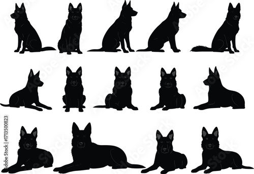 German shepherd dog silhouettes collection, sitting and lying positions, black vector icons for pets, animals, training, guard, working dogs, design