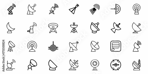 Collection of  Diverse satellite dish and antenna icons for technology, communication, and broadcasting projects