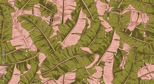 A dense pattern of green banana leaves against a soft pink background.
