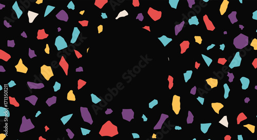 Abstract colorful shapes forming a vibrant and dynamic pattern with a dark circular center.