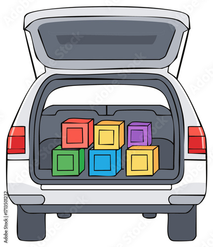 Open car trunk loaded with a stack of colorful boxes for moving or delivery service illustration