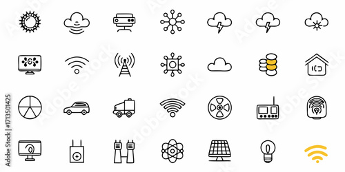 Collection of  Modern technology icons symbolizing connectivity, data, weather, and energy for digital innovation