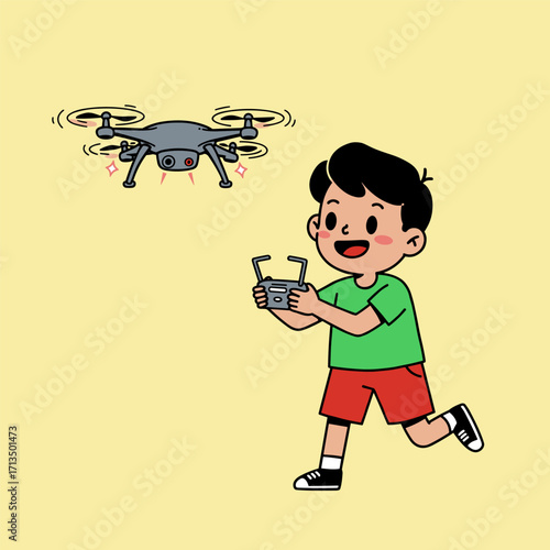 A smiling child flies a hovering drone with a remote control, dressed in a green shirt and red shorts—capturing a playful moment of tech-savvy fun against a light blue background.