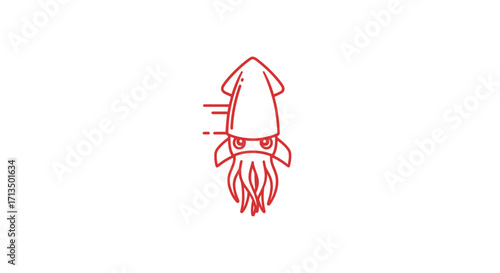 Red Squid Outline Illustration with Tentacles and Fins Graphic.