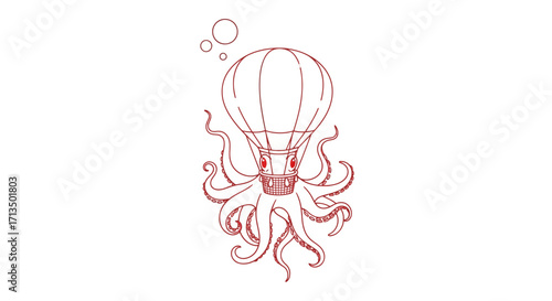 Cartoon Octopus in Hot Air Balloon Gondola Red Line Art.