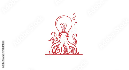 Red Octopus with Lightbulb Head Line Art Illustration.