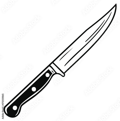 Stylized kitchen knife illustration with a pointed blade and three rivet handle in black and white outline