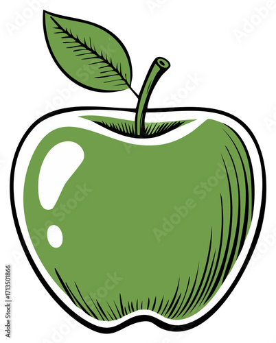 Simple green apple illustration with a leaf in a bold vintage graphic woodcut style