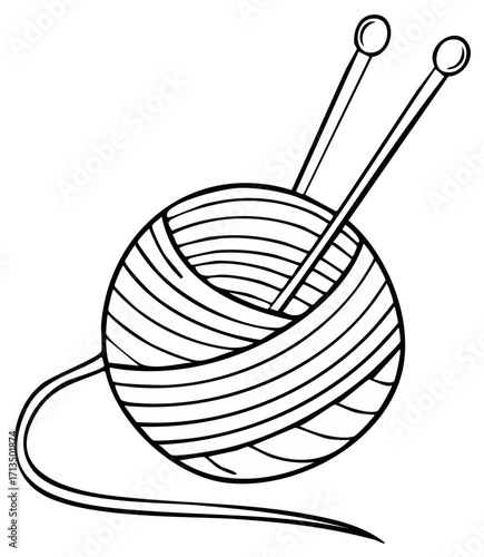 Hand drawn black and white outline of yarn ball with knitting needles for crafting and hobby