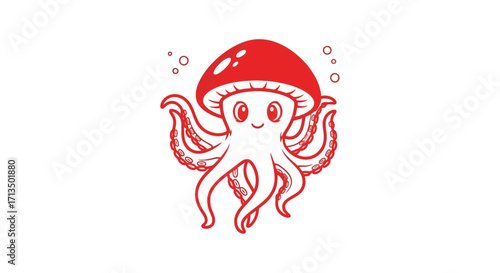 Smiling red outlined cartoon octopus character with a happy face wearing a spotted mushroom hat.