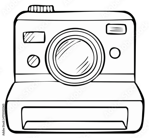 Outline Drawing of a Classic Instant Camera with Lens and Print Slot Front View