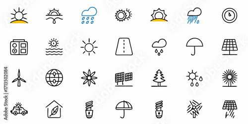 Vibrant collection of eco-friendly icons showcasing renewable energy, weather, and nature for modern design projects