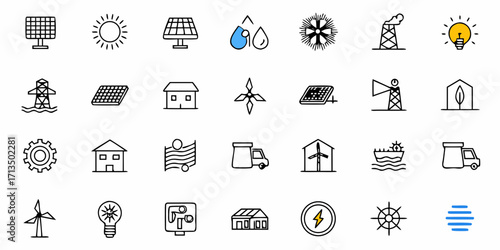 Collection of  Clean energy icons power generation sustainability solutions for a greener future