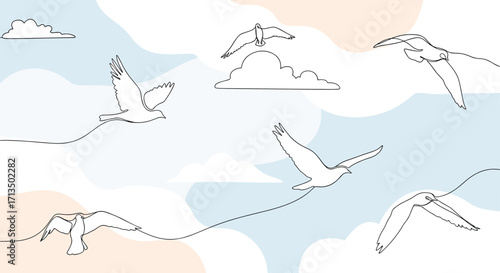 A flock of birds soaring gracefully through a pastel sky.