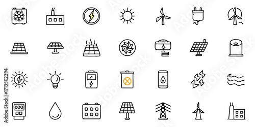 Collection of  Modern energy icons for sustainable power solutions, eco-friendly technology, and green initiatives