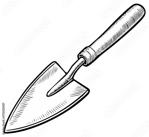 Engraved illustration of a trowel, a tool for gardening and planting.