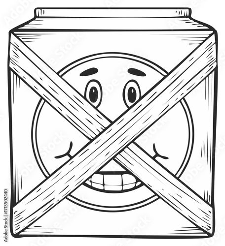 Sketchy square container with angry face taped shut with wooden planks, conveying sealed shut frustration, suppression.