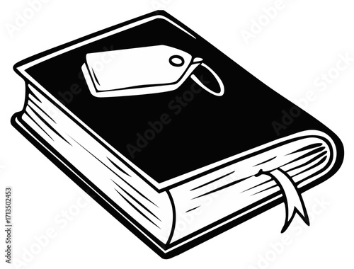 Black and white illustration of an open book with a bookmark and a price tag on its cover