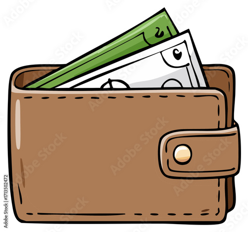 Cartoon Wallet overflowing with Banknotes - Savings, Finances, Rich