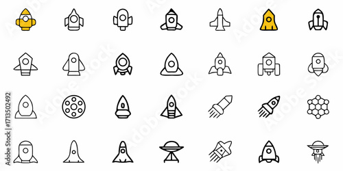 Collection of  Diverse rocket ship icons for space exploration, futuristic travel, and technology projects