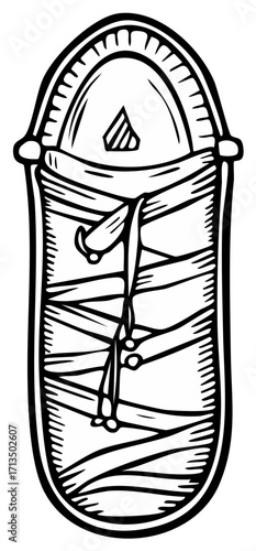 Stylized Ancient Egyptian Mummy Wrapped Figure Black and White Engraving Illustration