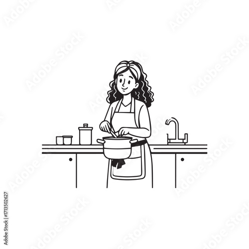 Black and White Vector Illustration of a Smiling Woman Cooking in Kitchen with Apron and Headband