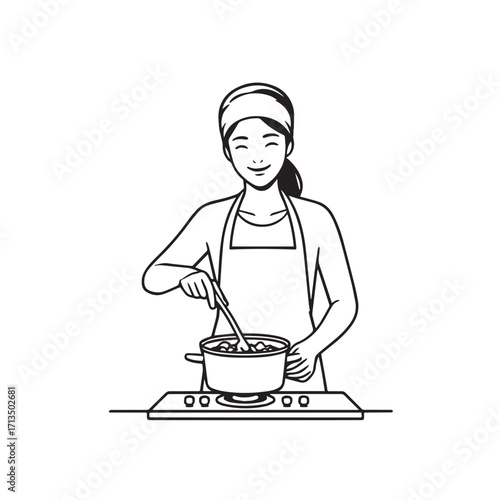 Black and White Vector Illustration of a Smiling Woman Cooking in Kitchen with Apron and Headband
