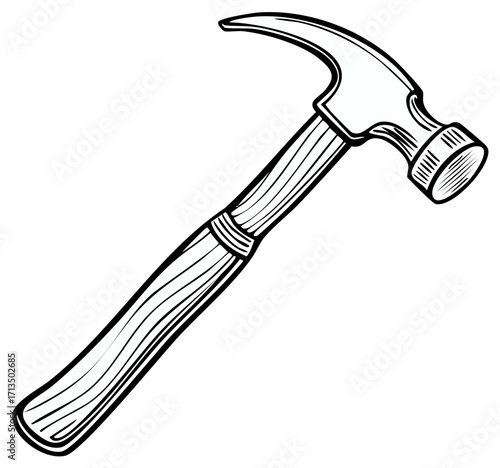 Black and white hammer with curved claw for construction and woodwork jobs, isolated