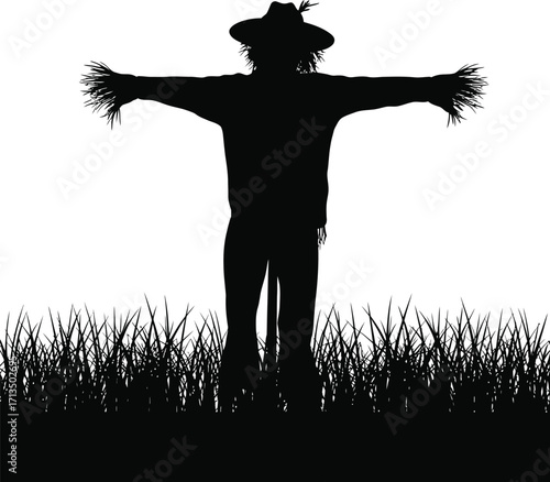 Scarecrow silhouette in grassy field vector