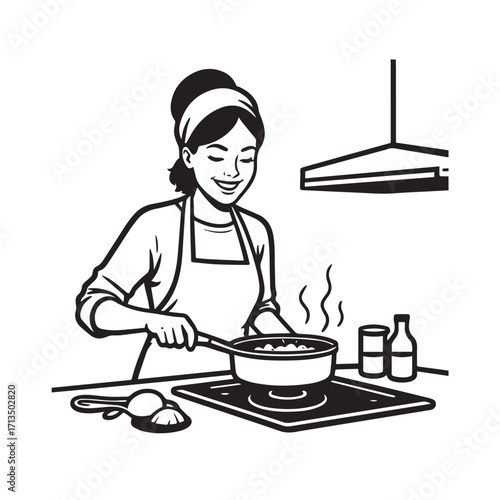 Black and White Vector Illustration of a Smiling Woman Cooking in Kitchen with Apron and Headband