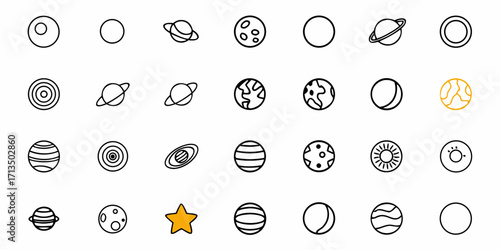Captivating collection of celestial icons, planets, stars, and suns for cosmic design projects