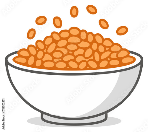 Cartoon illustration of a bowl filled with orange lentils, with some falling down into the bowl, simple design and minimalistic look