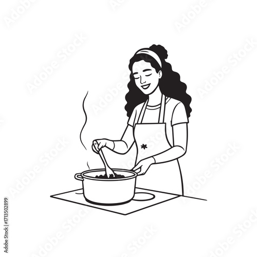Black and White Vector Illustration of a Smiling Woman Cooking in Kitchen with Apron and Headband
