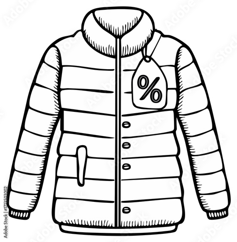 Puffer Jacket Vector Outline with Percentage Tag for Winter Fashion Sale Promotion