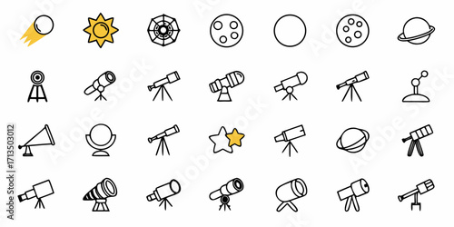 Explore the cosmos with this collection of charming astronomy icons, perfect for educational projects and creative designs.