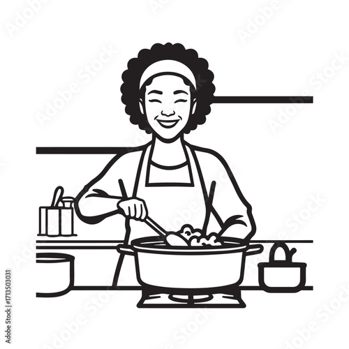 Black and White Vector Illustration of a Smiling Woman Cooking in Kitchen with Apron and Headband