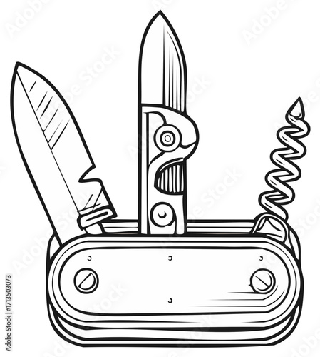 Line art illustration of a multi tool pocket knife with two blades and a corkscrew opened