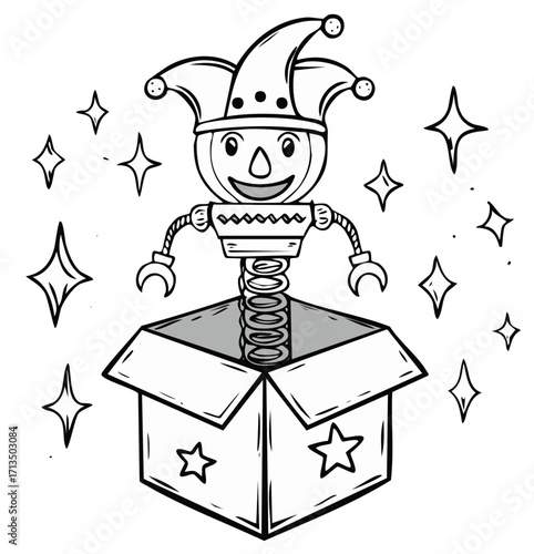 Joyful robot emerges from a box with stars surrounding it