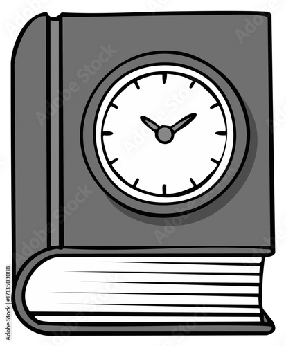 Stylized illustration of a closed book with a clock face on its cover