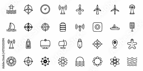 Collection of  Diverse collection of essential icons for technology, energy, and navigation, perfect for modern design projects.