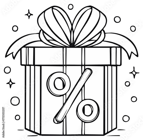 Cartoon line art of a festive gift box adorned with a ribbon bow and prominent percentage symbol for discount offers