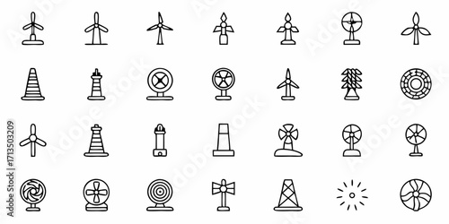 Collection of  Diverse wind turbines and fans collection for renewable energy and cooling concepts