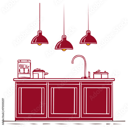 Hand drawn vector illustration of a kitchen interior with counter sink and pendant lamps